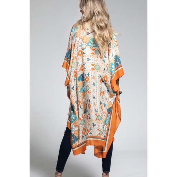 SOLD OUT Navajo Ethnic Western Orange Turquoise Open Bohemian Coverup Kimono - Picture 2 of 7